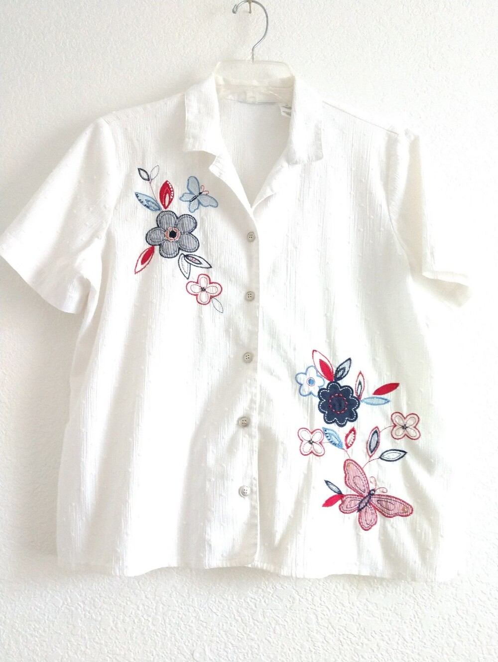 Vintage Bobbie Brooks Short Sleeve Shirt Floral Red White Blue Butterflies 12P